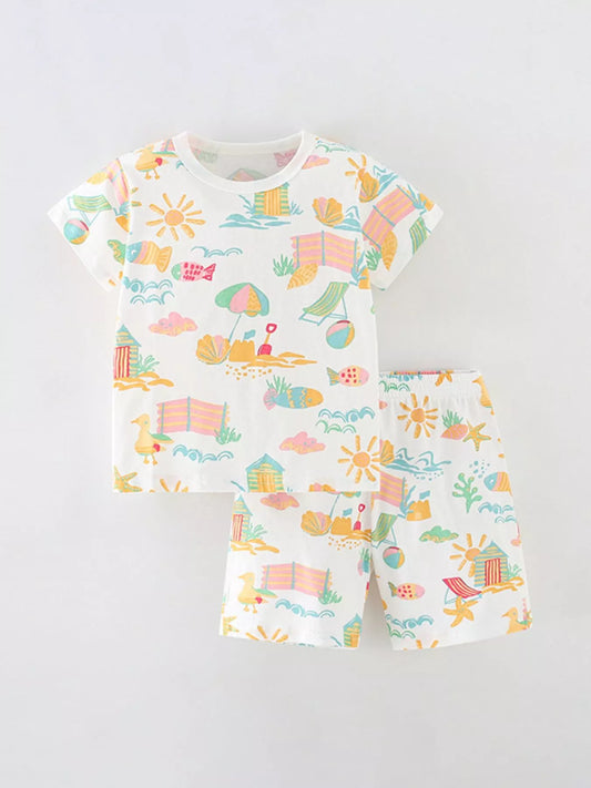 Children's Beach Print Round Neck Tee and Shorts Set