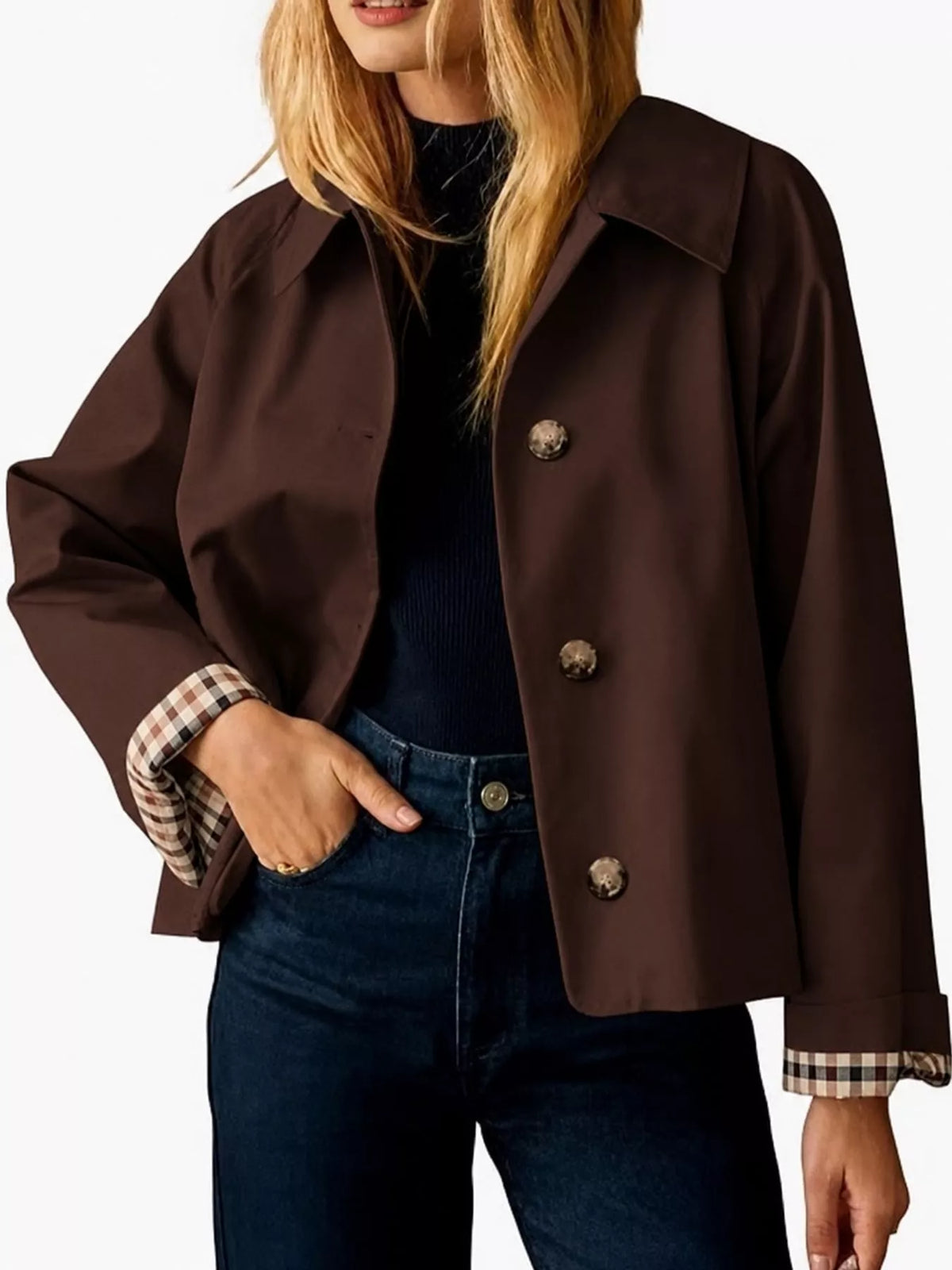 Plaid Cuffs Cropped Trench Outerwear