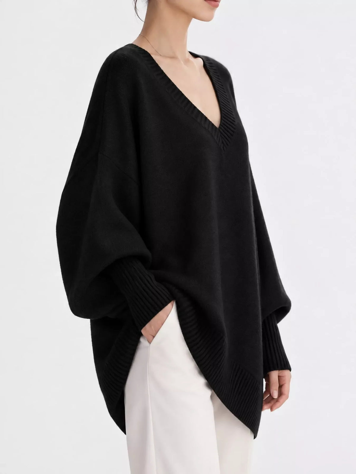 Full Size V-Neck Oversized Batwing Sleeve Sweater Plus Size