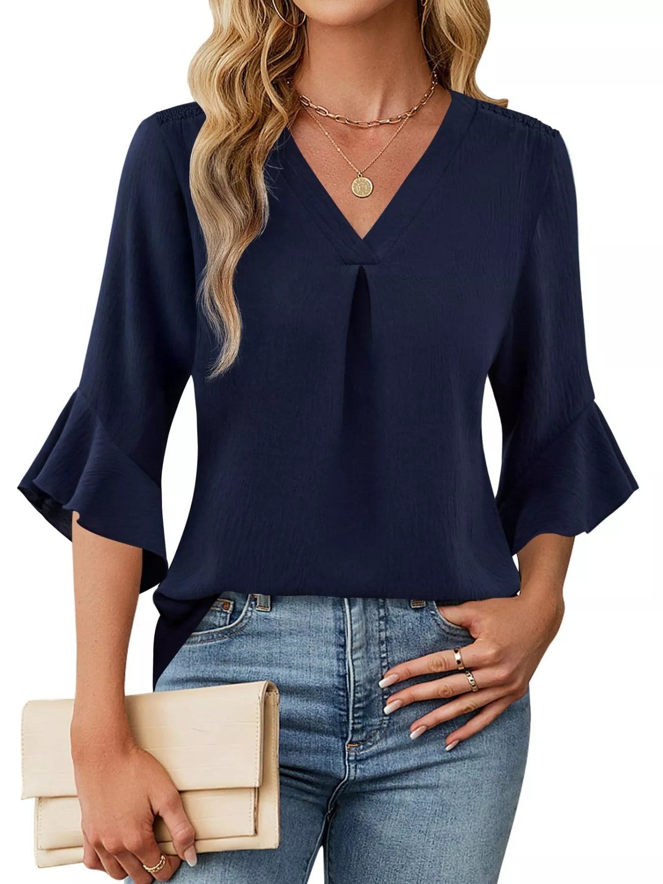 V-Neck Ruffle Sleeve Blouse