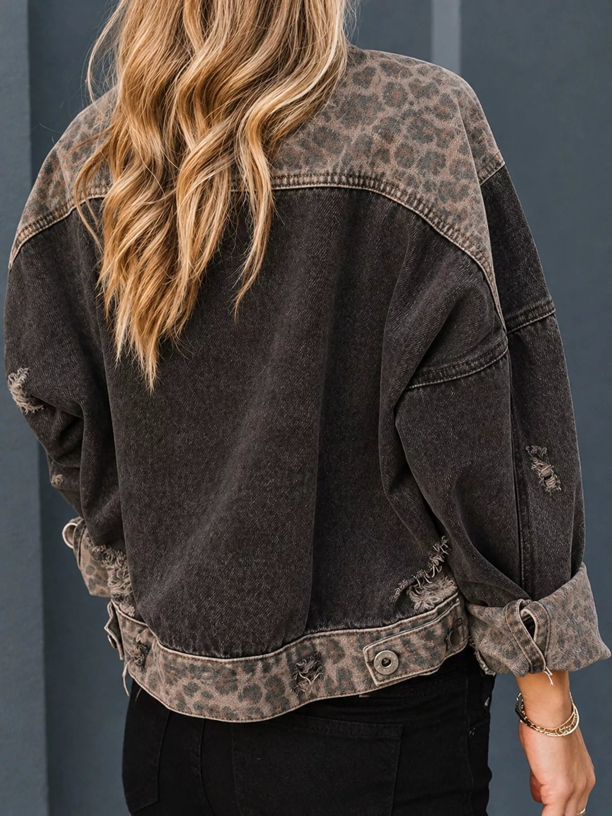 Full Size Distressed Leopard Dropped Shoulder Denim Jacket Plus Size