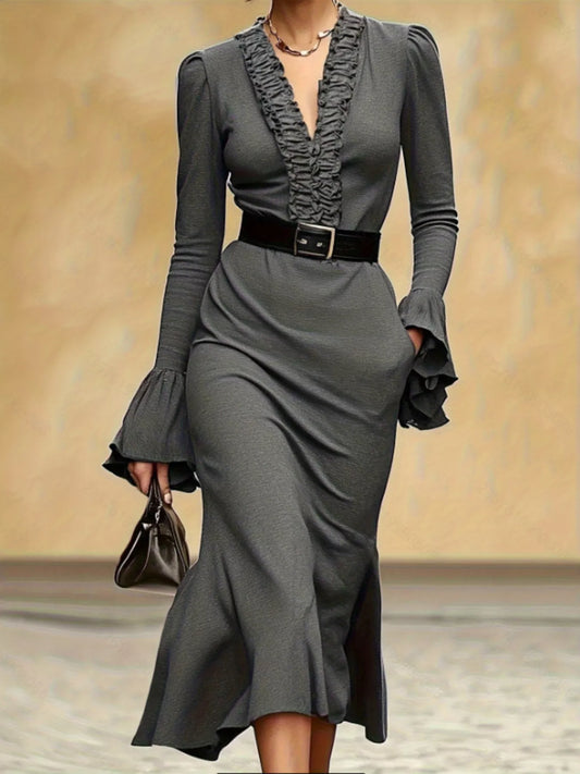 Frill V-Neck Flare Sleeve Dress