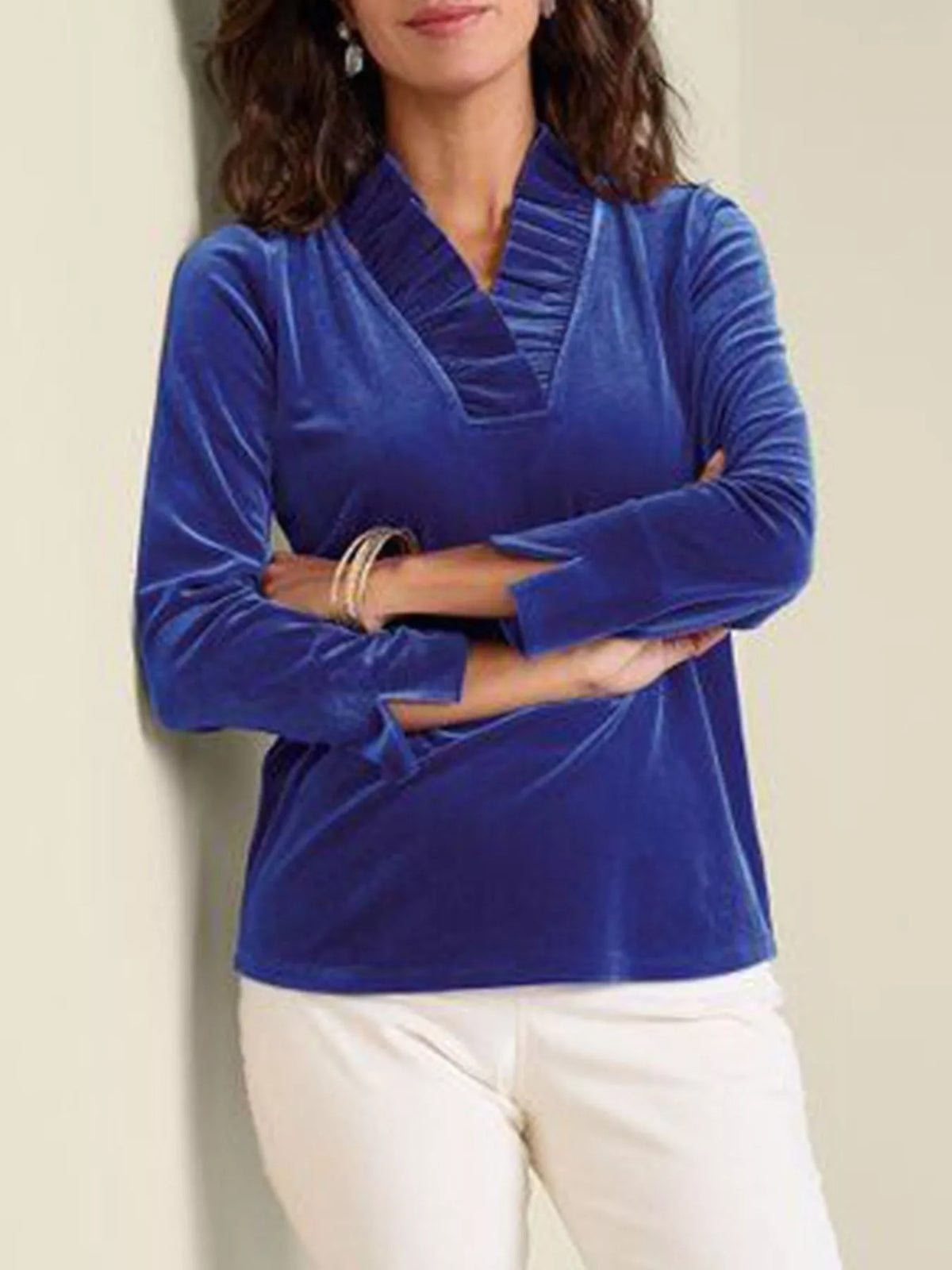Velvet Long Sleeve Blouse with Ruffled V-Neck