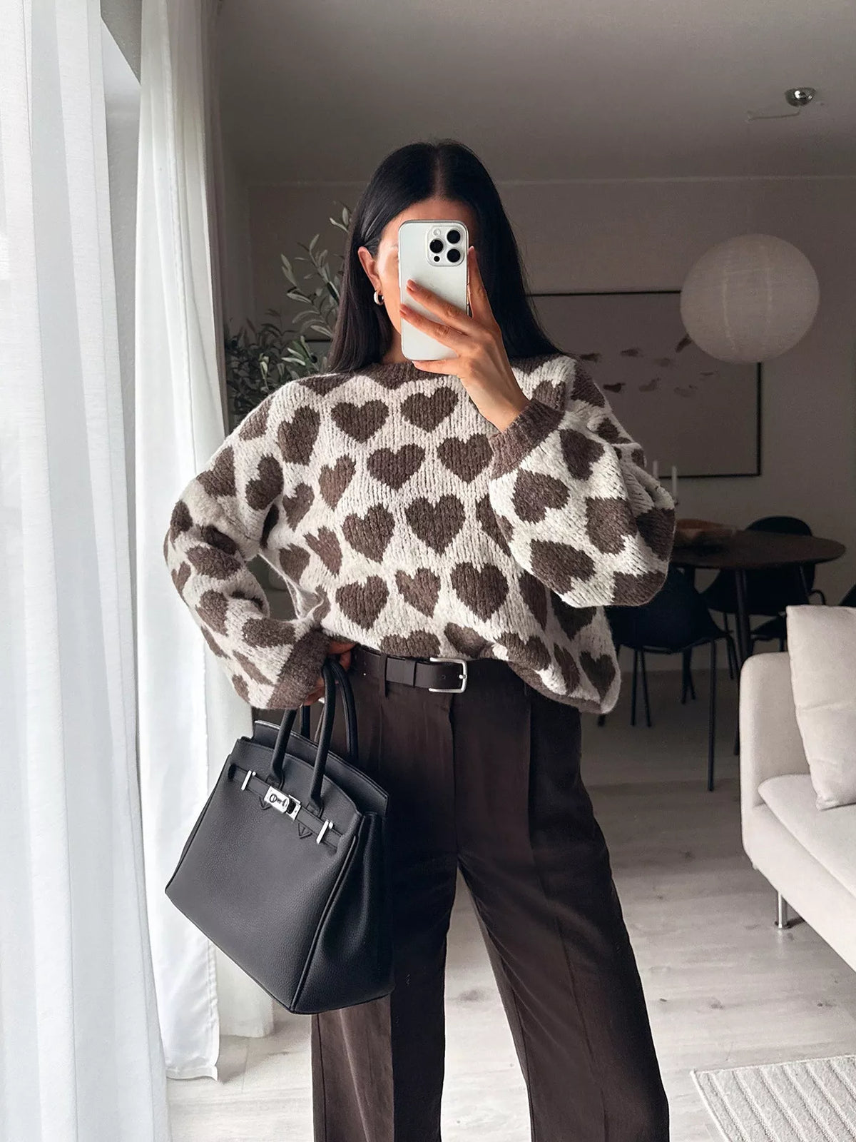 Heart Pattern Dropped Shoulder Sweater