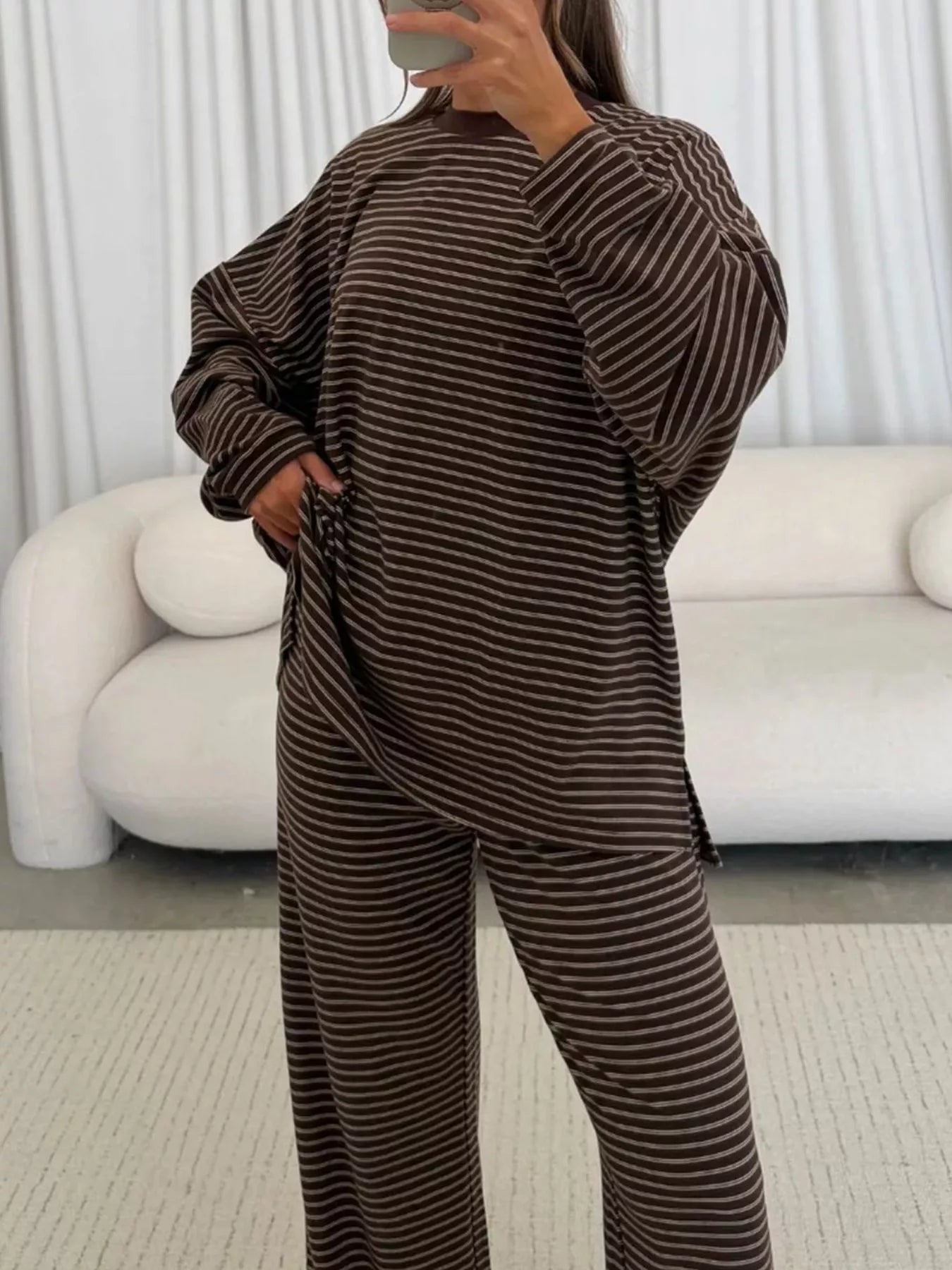 Striped Long Sleeve Top and Wide Leg Pants Set
