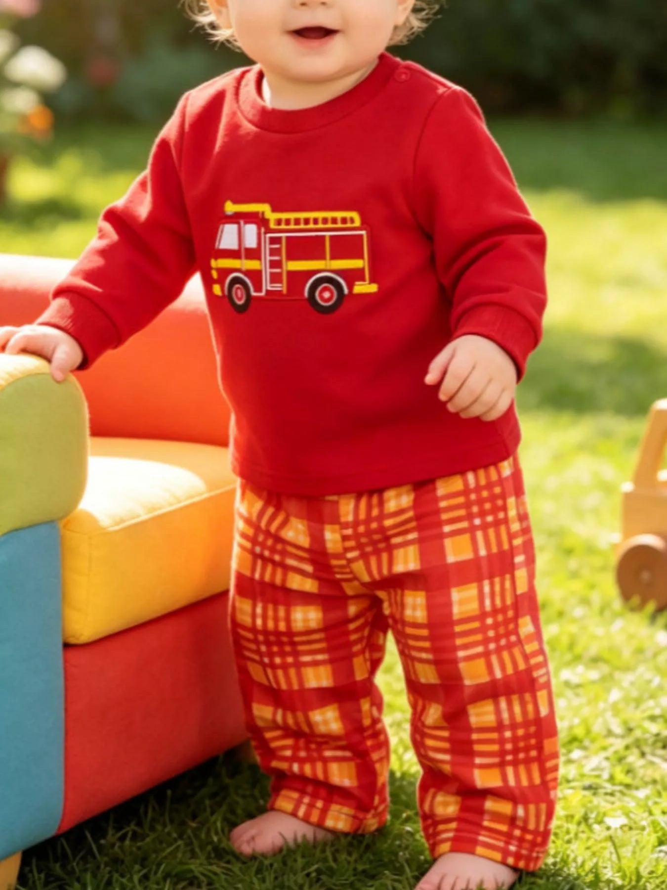 Children's Fire Truck Embroidered Top and Pants Set