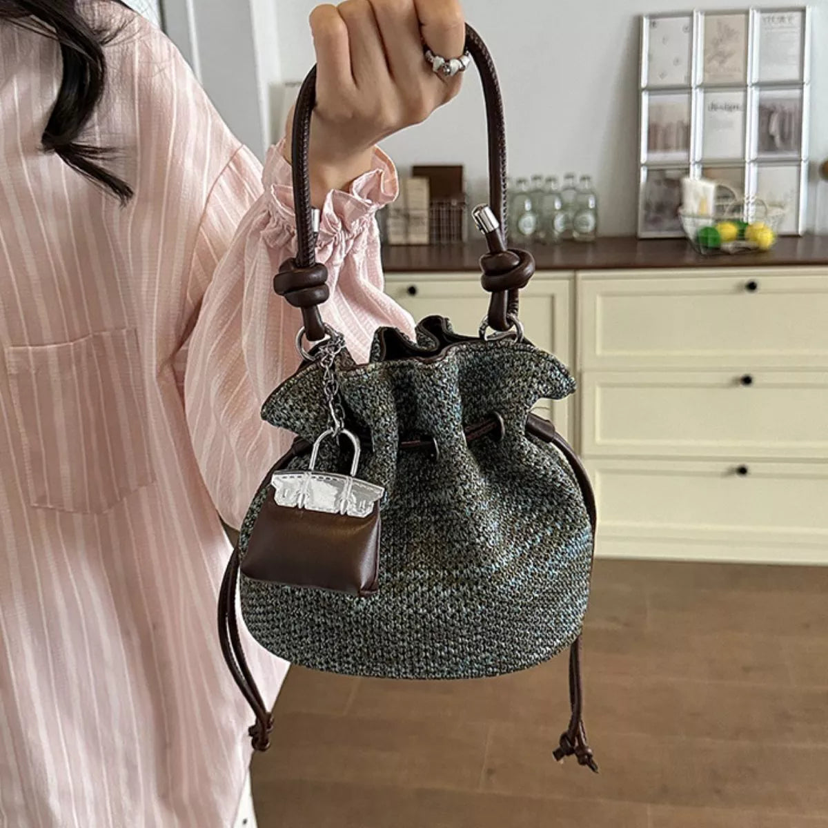 Woven Drawstring Crossbody Bag
