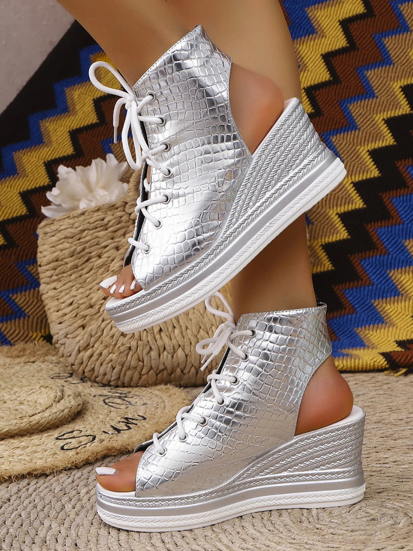 Lace Up Open Toe Wedge Sandals