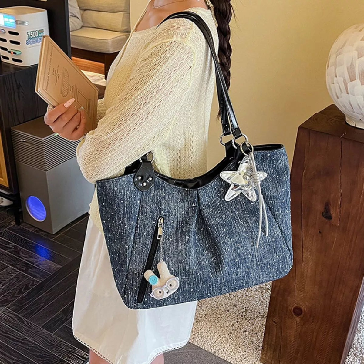 Polka Dot Denim Shoulder Bag