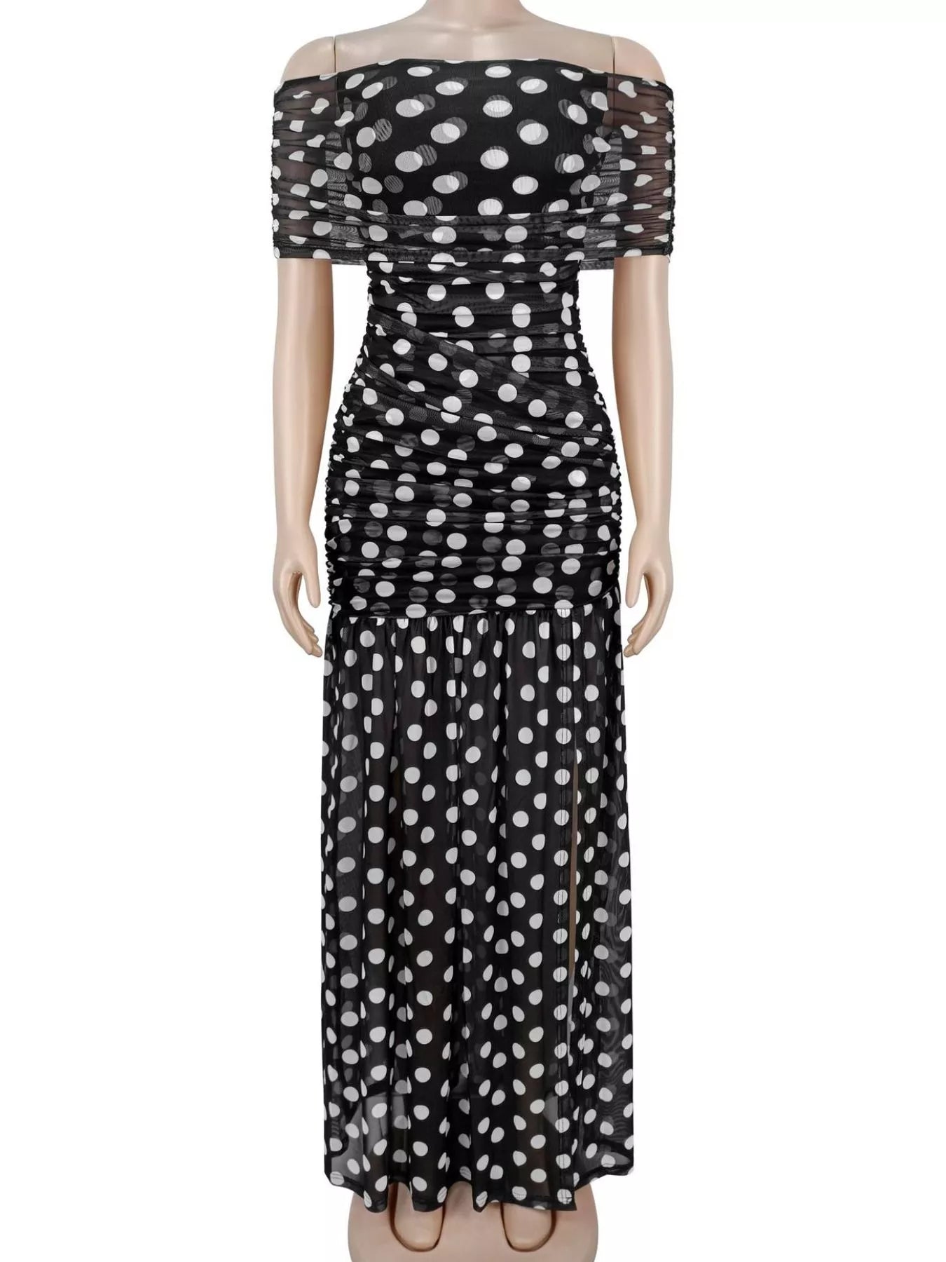 Polka Dot Off Shoulder Slit Maxi Dress