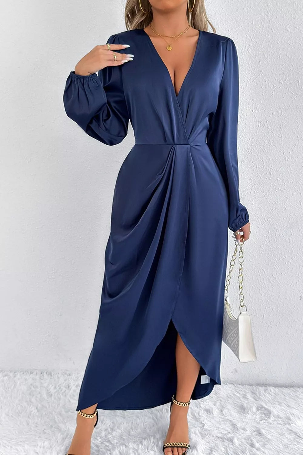 Satin Balloon Sleeve Midi Dress