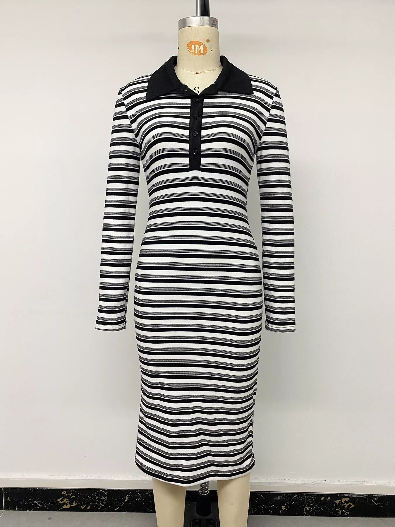 Striped Polo Collar Midi Dress