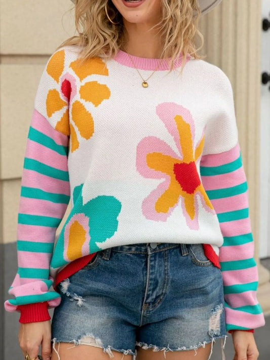 Floral Striped Crew Neck Sweater