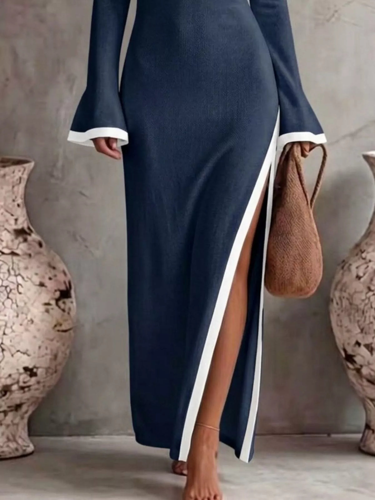 Slit One-Shoulder Contrast Trim Maxi Dress