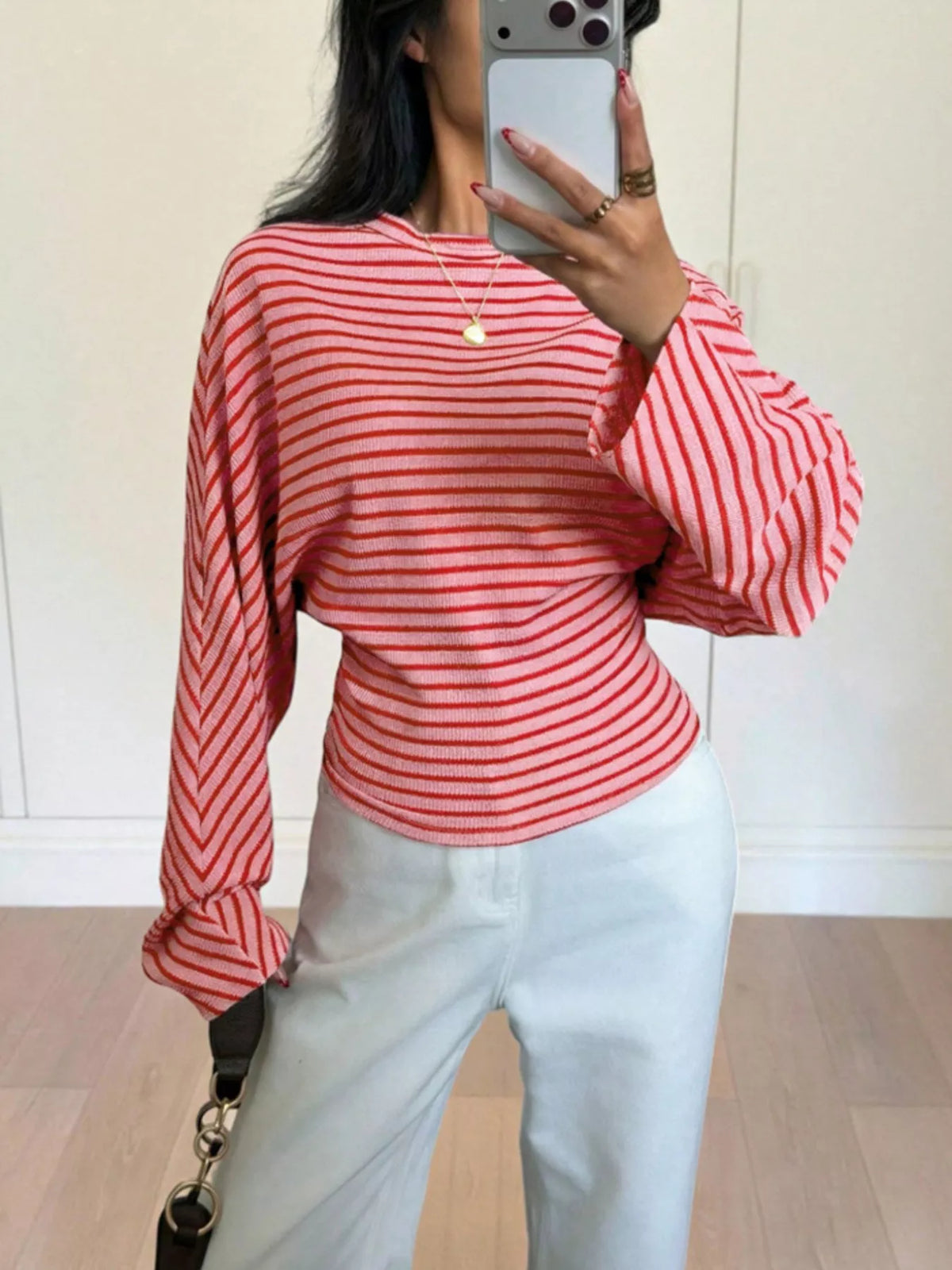 Casual Striped Long Sleeve Batwing T-Shirt