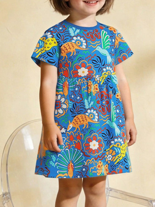 Children's Printed Round Neck Short Sleeve Dress