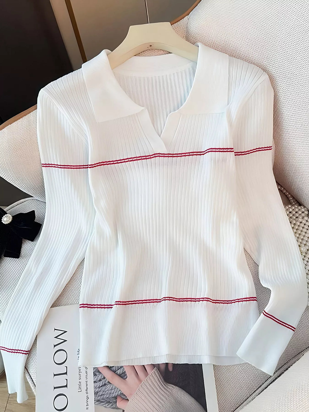 Ribbed Knit Top with Contrast Shawl