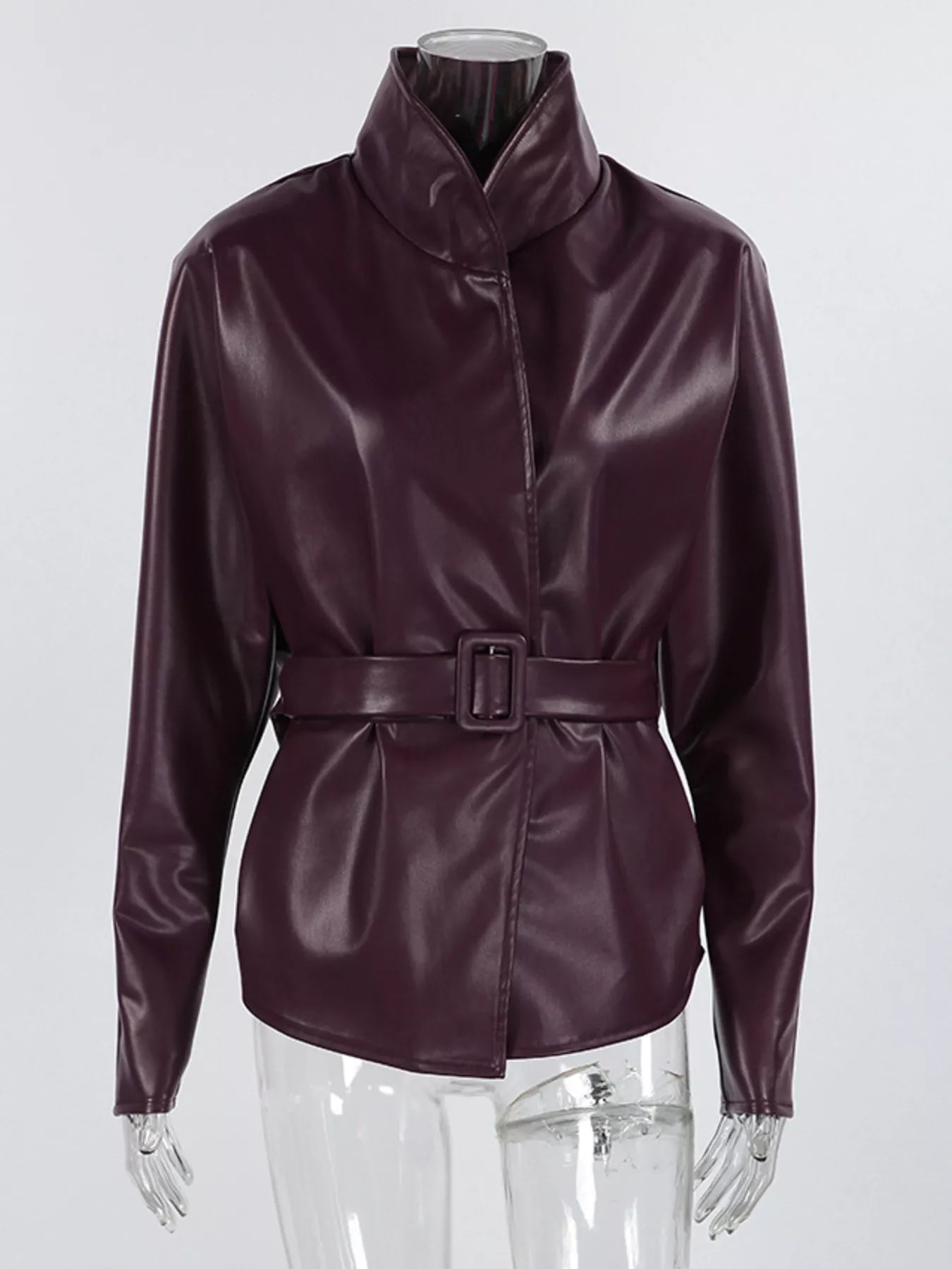 Stand Collar Belted Faux Leather Jacket
