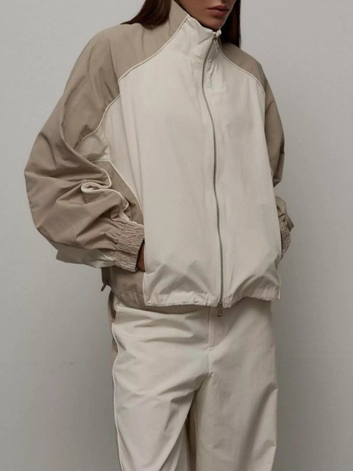 Color Block Zip Up Outerwear and Pants Set