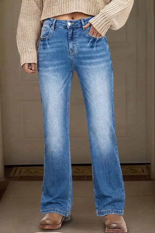 Acid Washed Straight Leg Full Length Casual Jeans