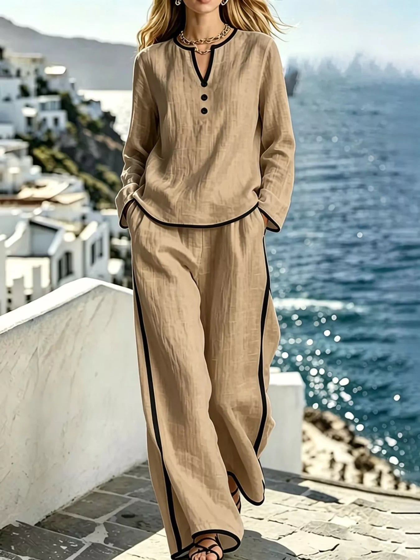 Contrast Trim Long Sleeve Top and Pants Set