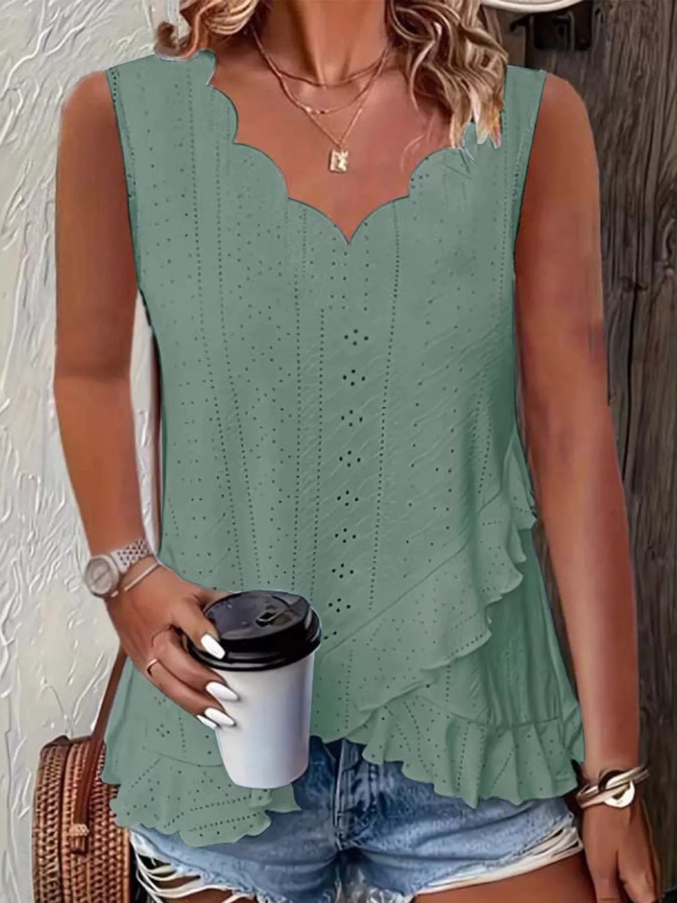 V-Neck Eyelet Ruffled Tank Top