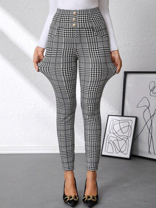 High Waist Plaid Slim Fit Pants