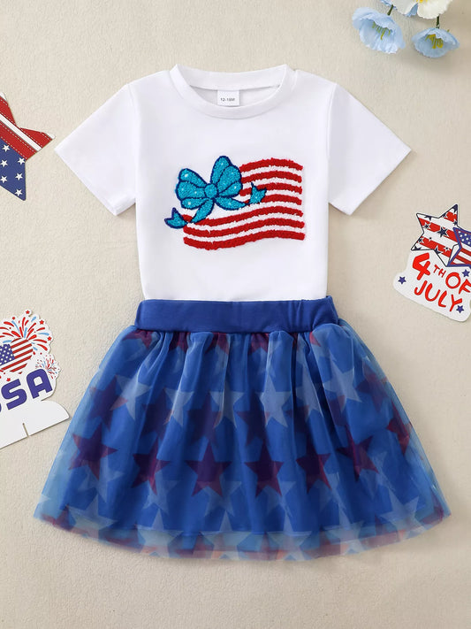 Children's American Flag Bow Tee and Tulle Skirt Set