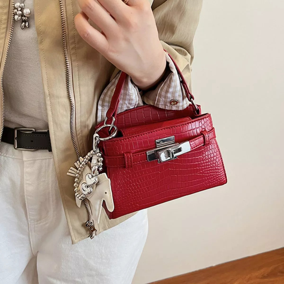 Crocodile-Embossed Top-Handle Handbag