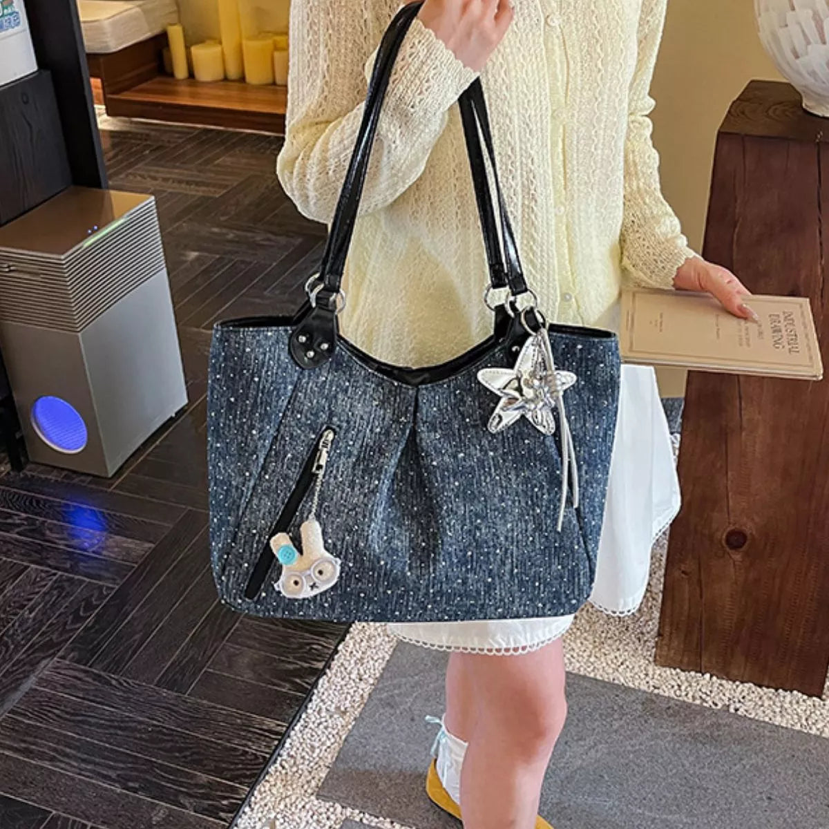 Polka Dot Denim Shoulder Bag