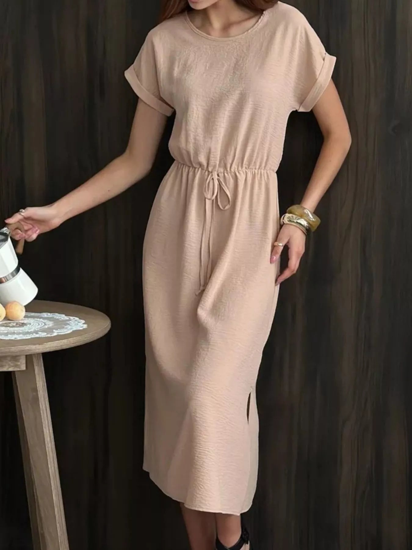 Casual Drawstring Waist Midi Dress