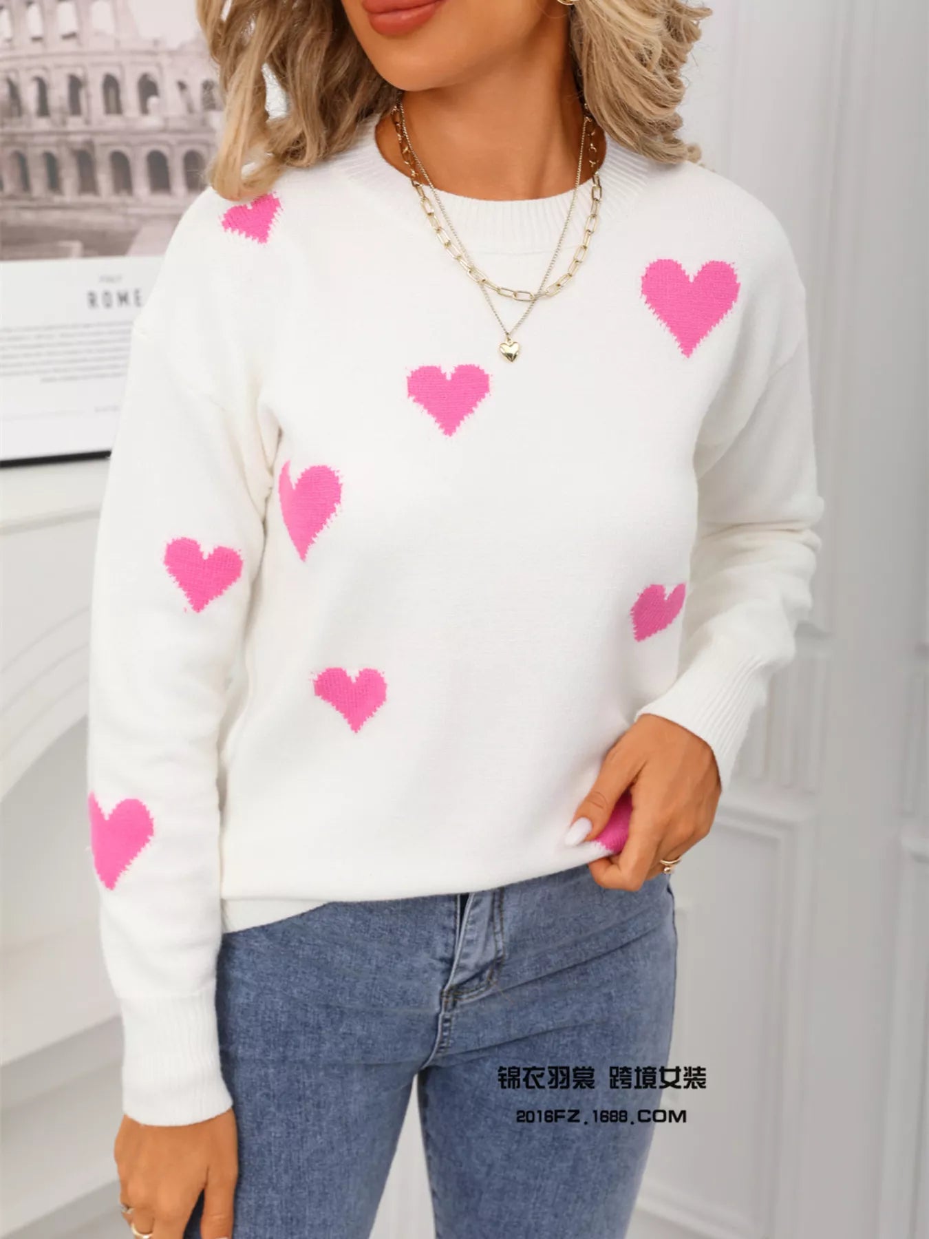 Valentine's Day Heart Print Round Neck Sweater