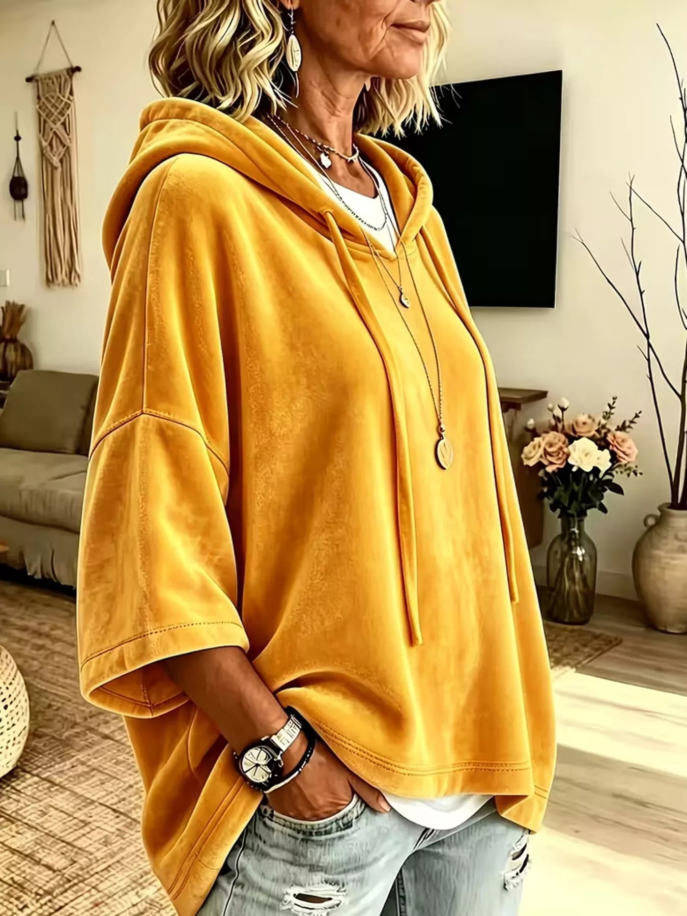 Velvet Loose Fit Hoodie with Drawstring