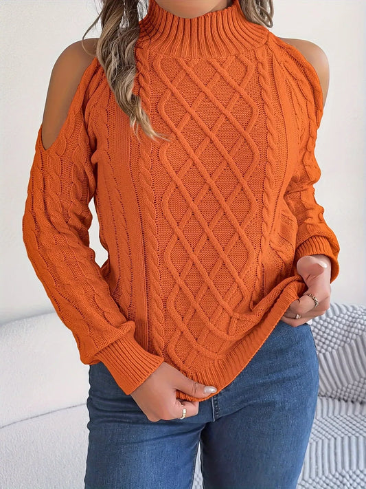 Cable Knit Cold Shoulder Turtleneck Sweater