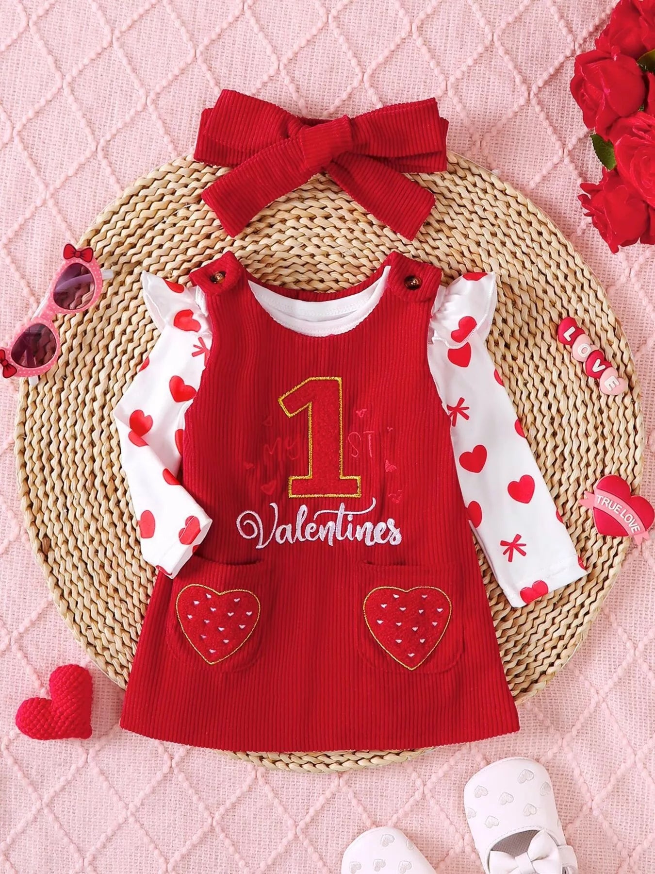 Children's Heart Print Bodysuit and Dress Outfit Set with Headband