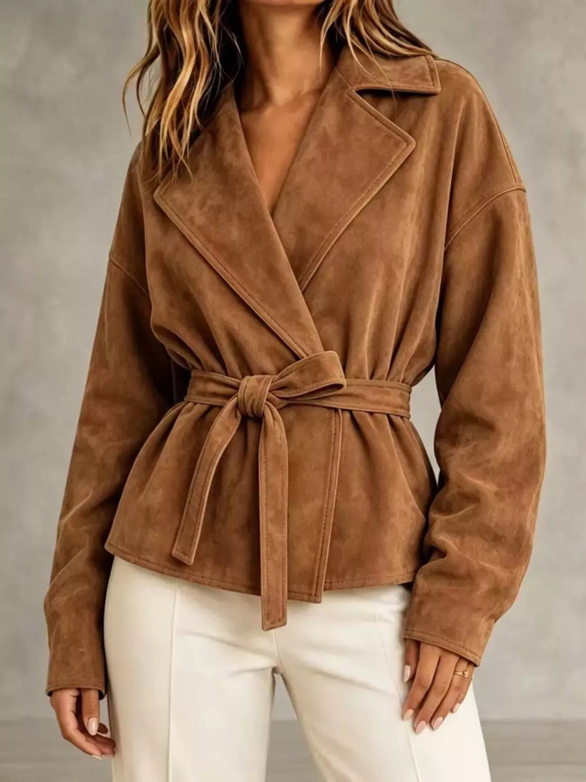 Tie-Waist Lapel Collar Jacket