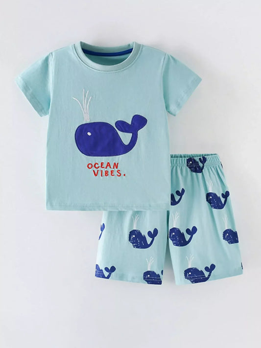 Children's Whale Round Neck Tee and Shorts Set