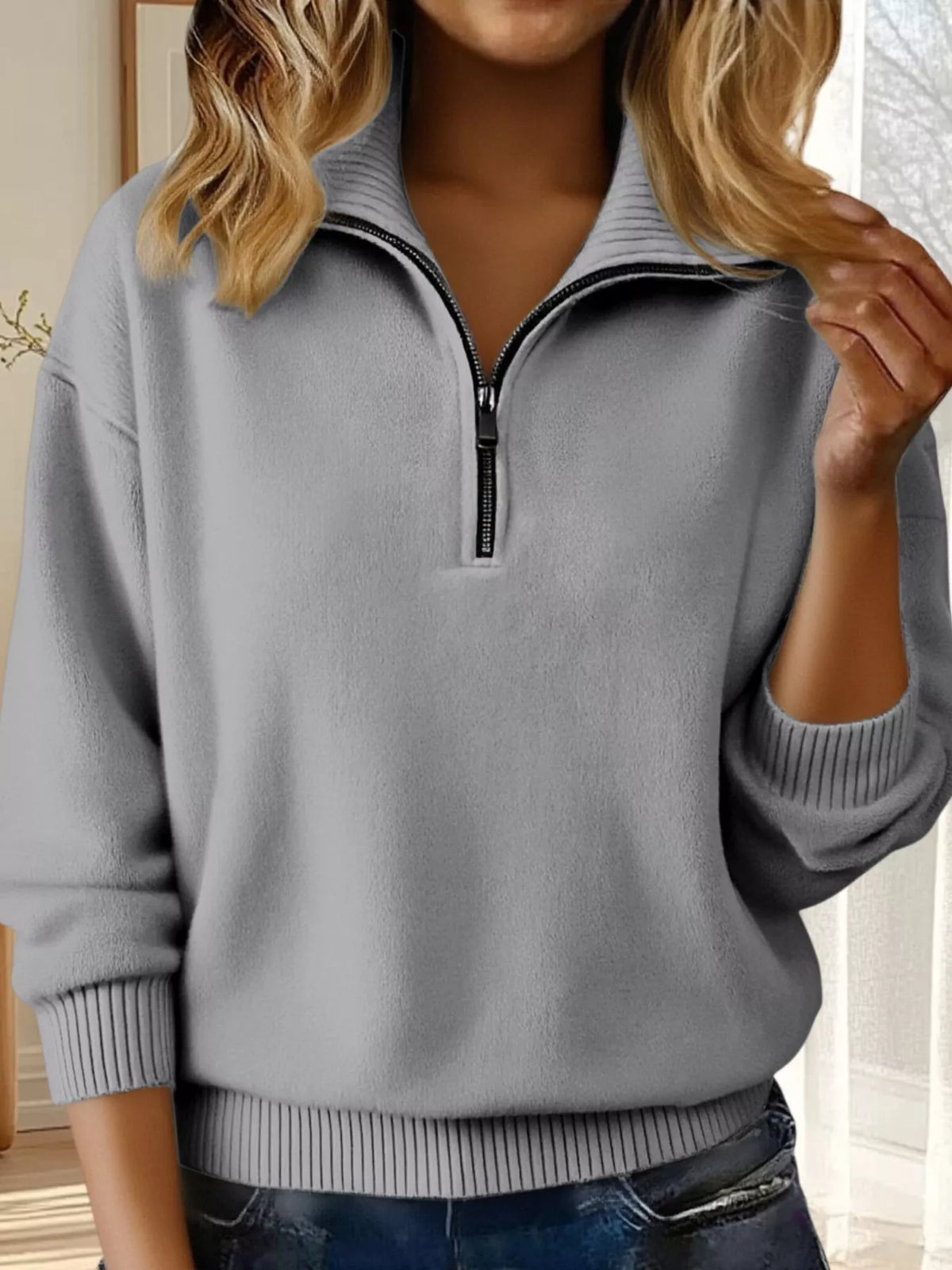 Full Size Half Zip Dropped Shoulder Sweater Plus Size