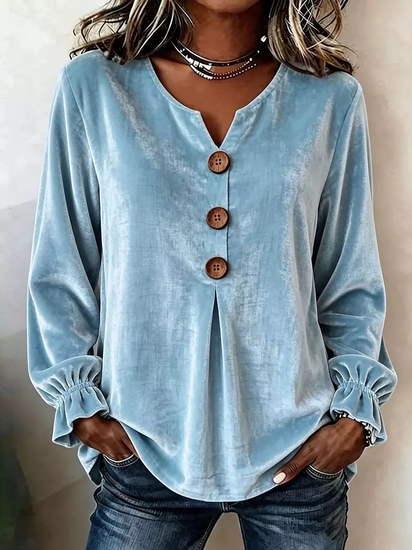 Full Size Velvet Button Decor Blouse with Ruffled Cuffs Plus Size