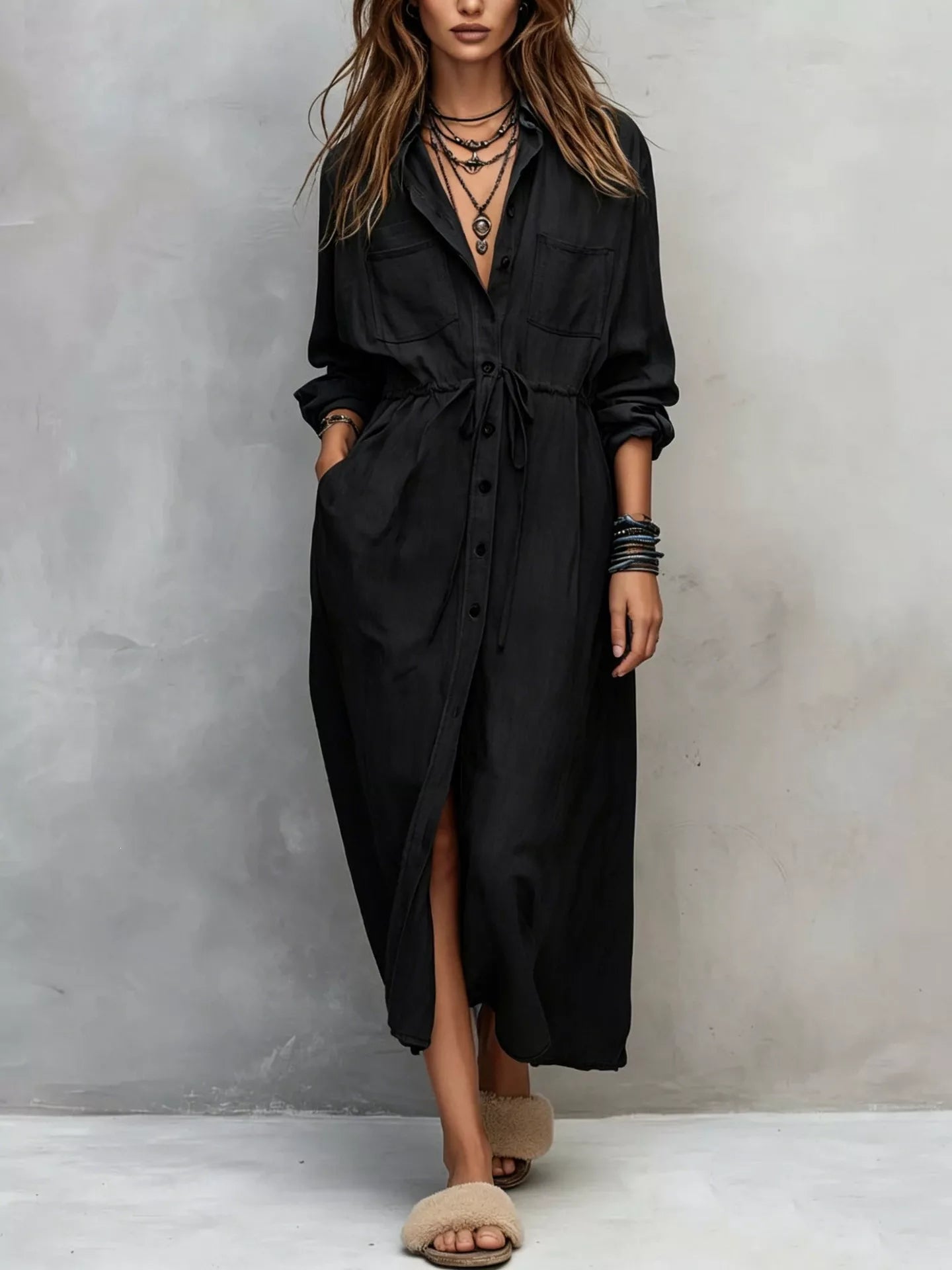 Full Size Button Front Long Sleeve Shirt Dress Plus Size