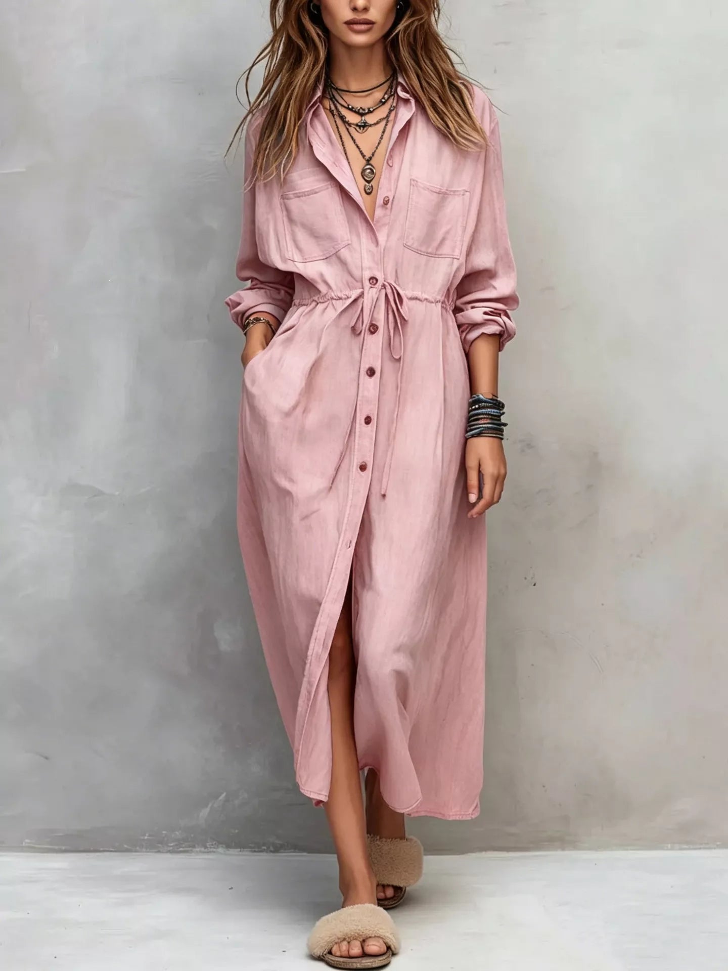 Full Size Button Front Long Sleeve Shirt Dress Plus Size