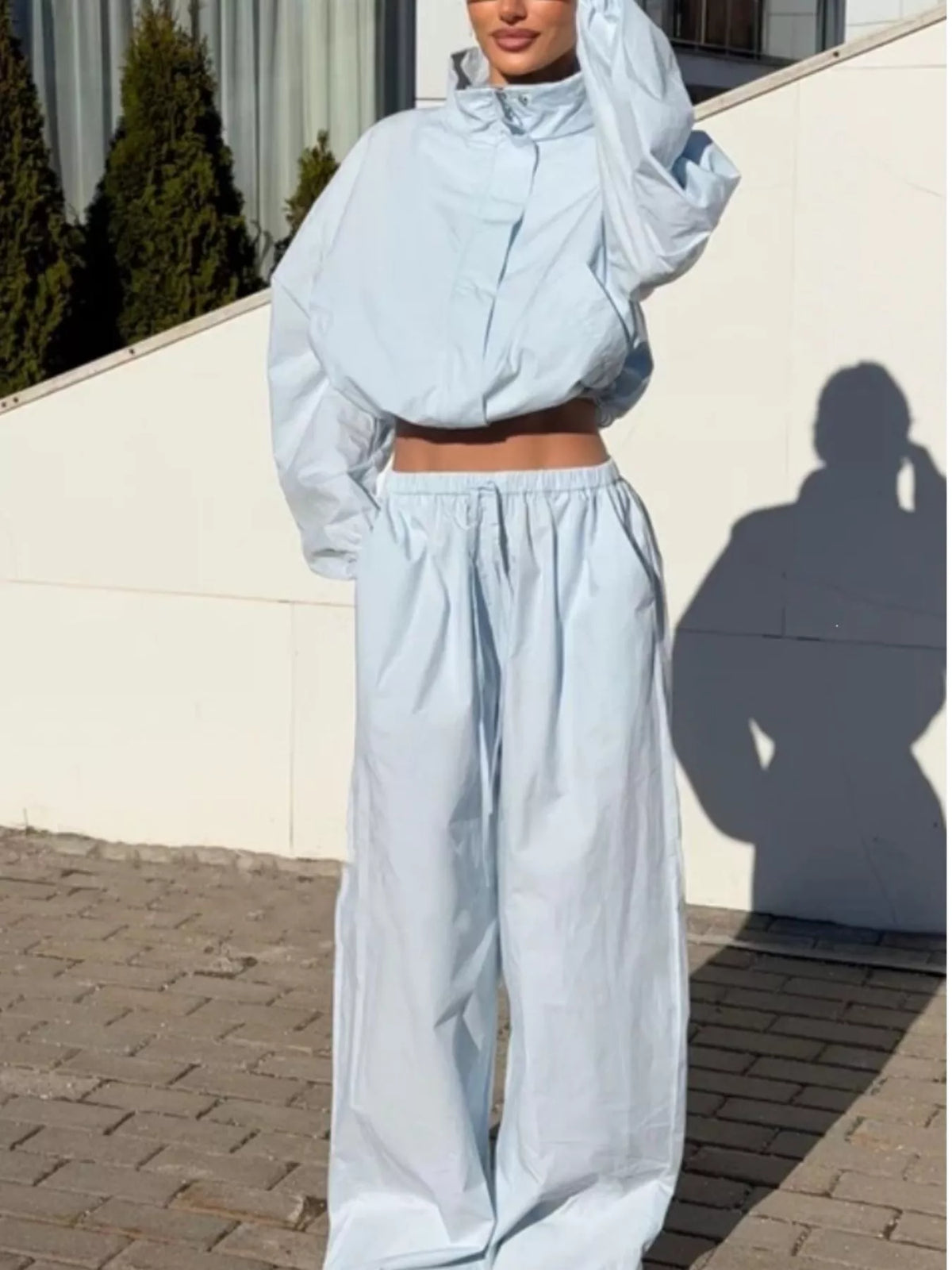Drawstring Hem Crop Jacket and Wide-Leg Pant Set