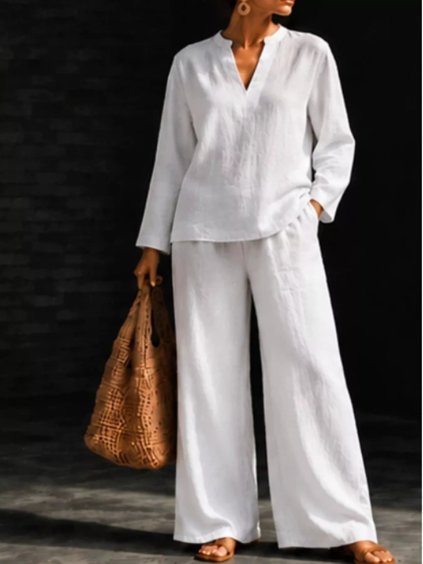 Notched Long Sleeve Top and Pants Set