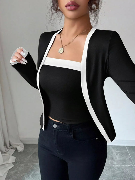 Contrast Trim Cardigan & Tank Top Set