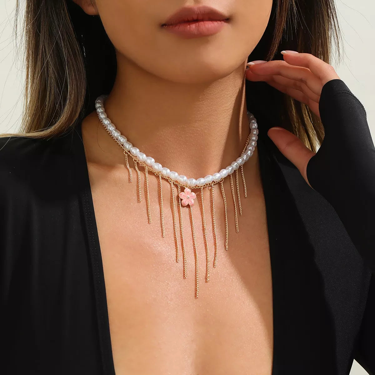 Elegant Pearl Choker Necklace with Flower Charm and Tassel Dangles
