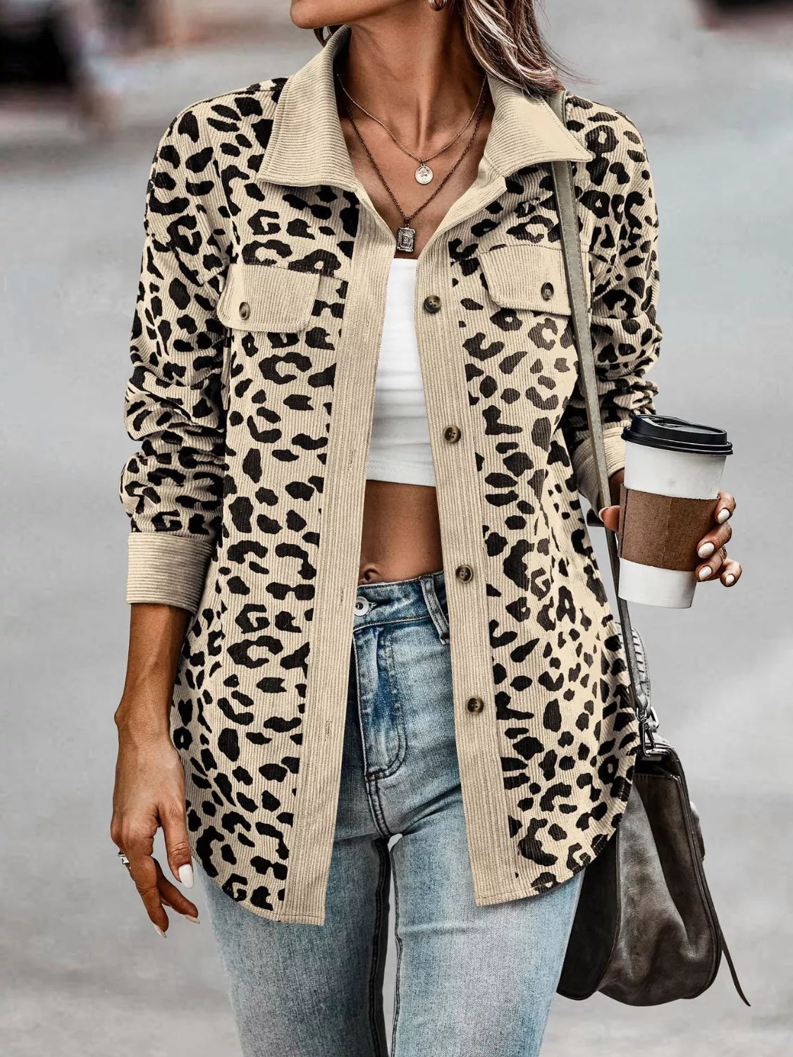 Full Size Leopard Print Button-Down Jacket Plus Size