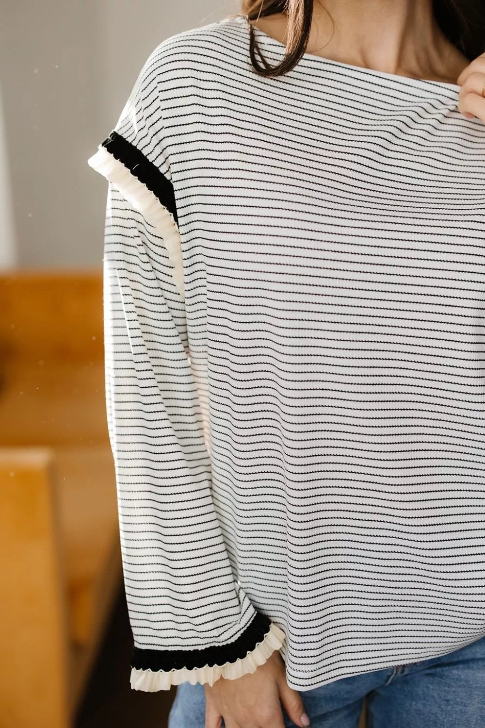 Stripe Contrasted Ruffle Trim Loose Long Sleeve Top