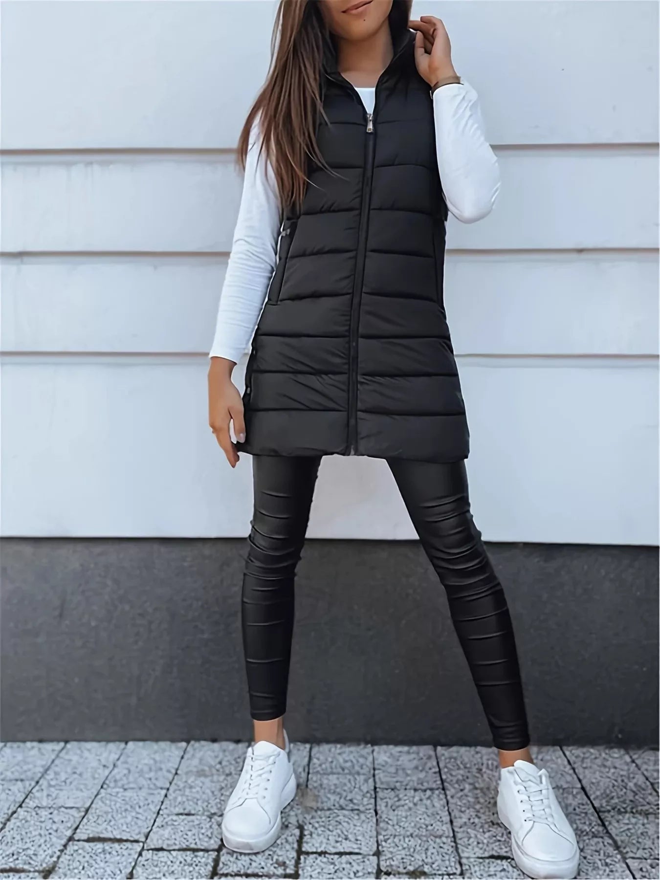 Zip Up Longline Hooded Puffer Vest Coat