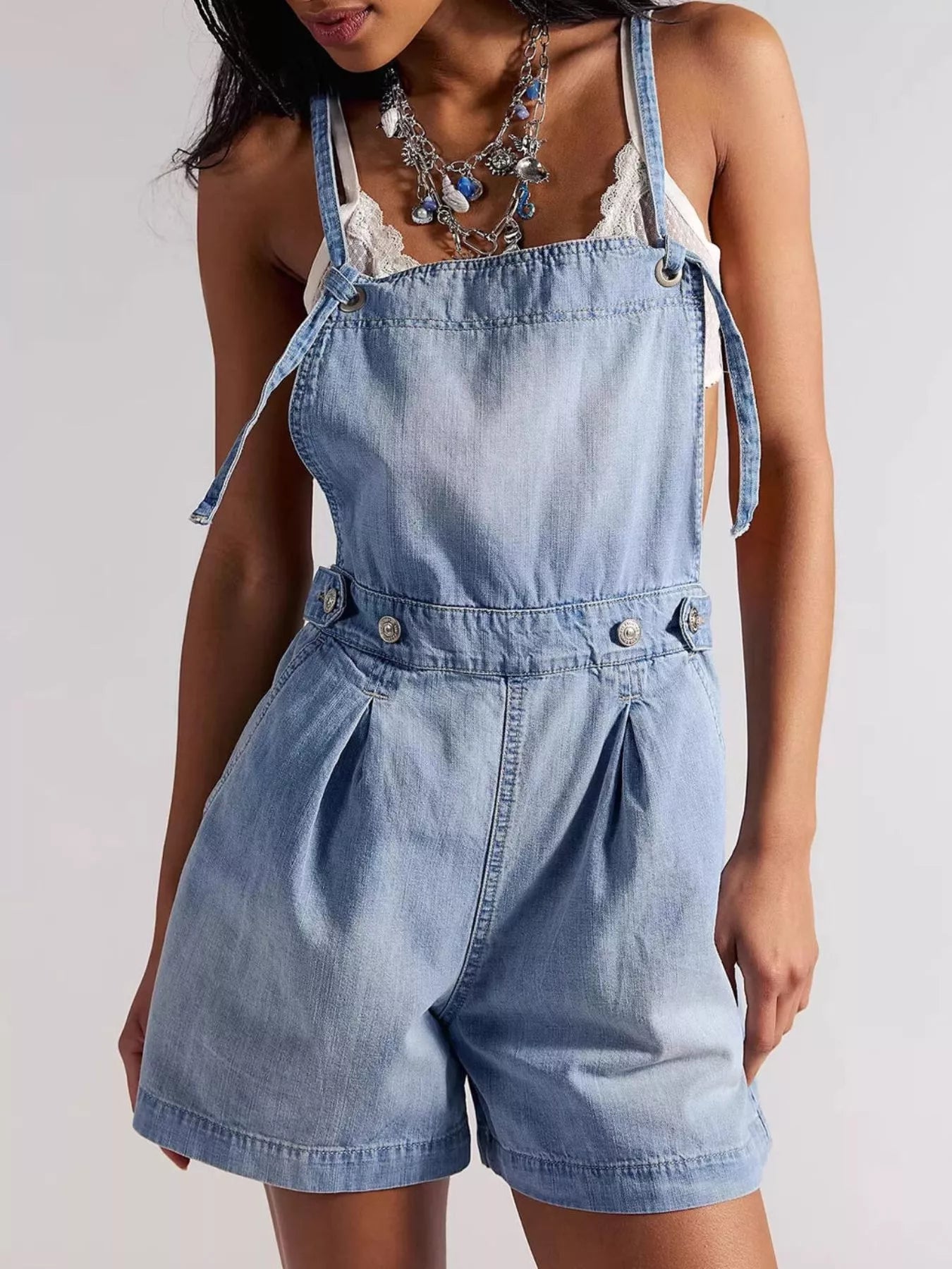 Backless Denim Short Overalls