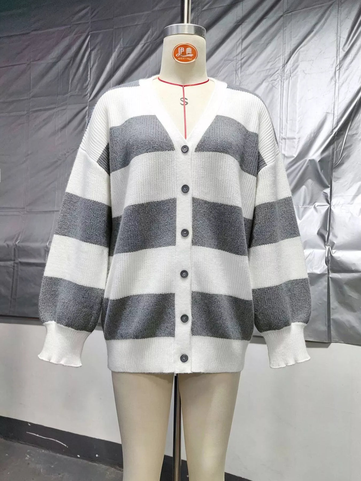 Striped V-Neck Button-Down Cardigan